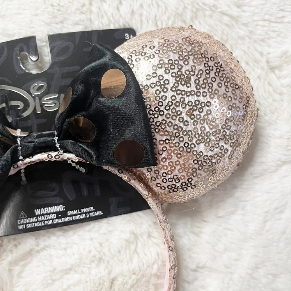 Disney Rose Gold Sequins Black Satin Polka Dot Bow Minnie‎ Mouse Ears NWT